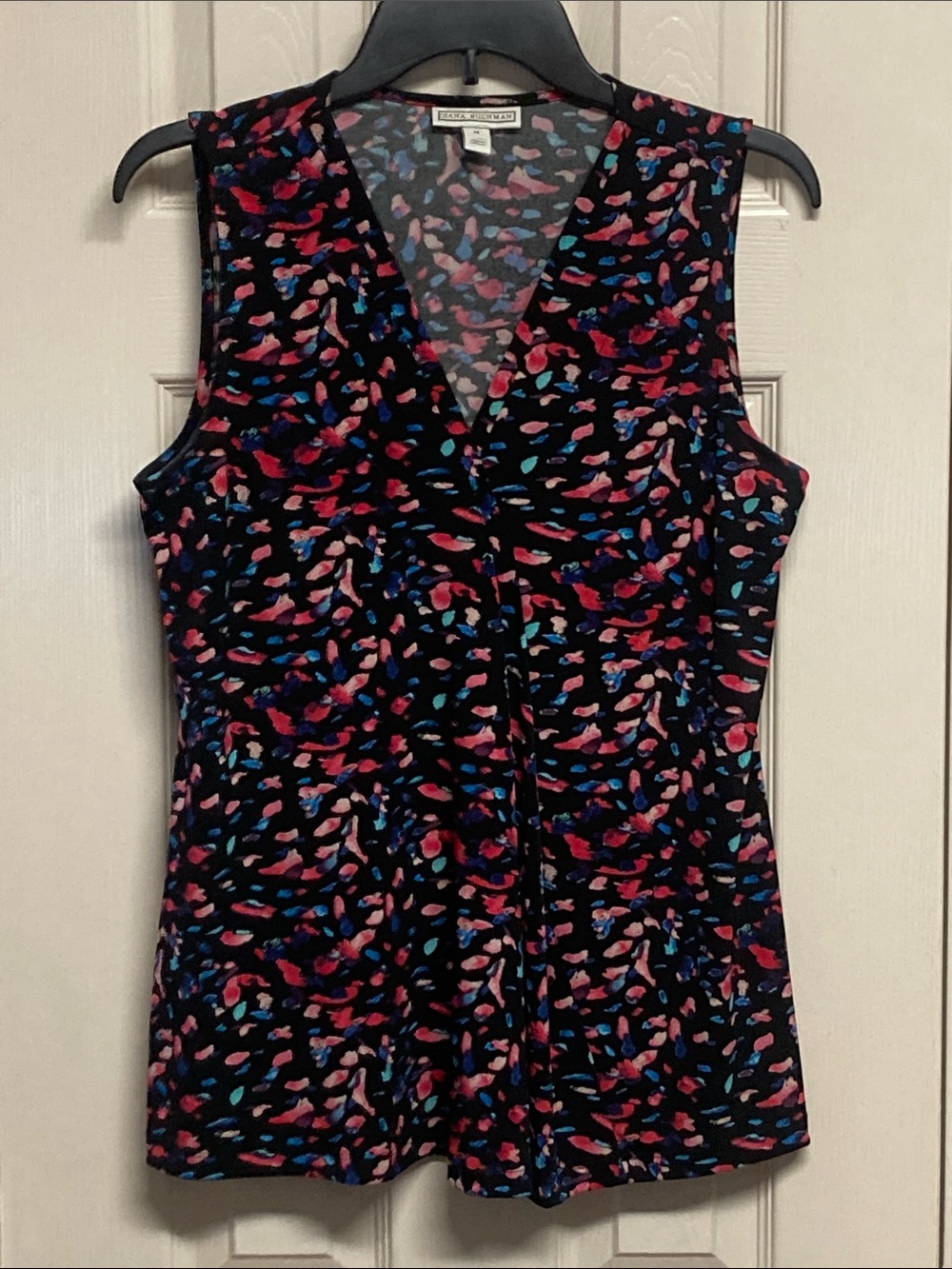 Dana Buchanan Black Multicolor Abstract V-Neck Sleeveless Knit Top Sz M